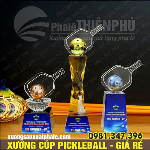 Bộ Cúp Pickleball Pha Lê Gắn Vợt Và Bóng Dát Vàng, Bạc, Đồng