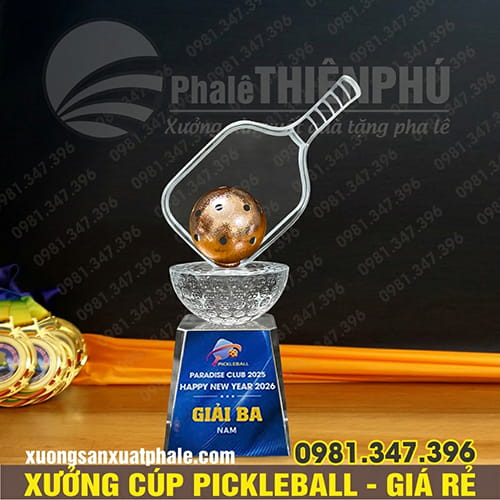 Cúp Pickleball Pha Lê Đế Khối Gắn Bóng Màu Đồng